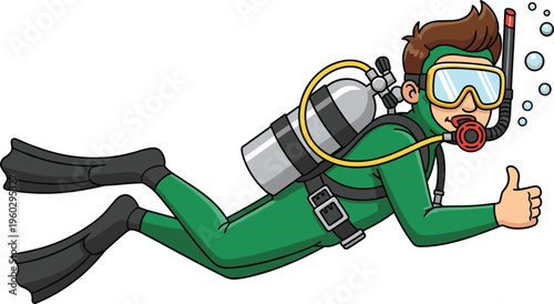 Scuba diver cartoon character swimming underwater with oxygen tank, snorkeling mask and fins, diving sport vector illustration