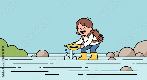 Joyful Child Prospector Discovering Treasures in the River