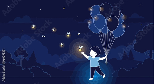 Joyful Child Reaching For Fireflies With Balloons At Night
