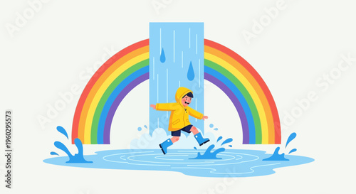 Joyful Child Splashing In Puddles Beneath A Vibrant Rainbow