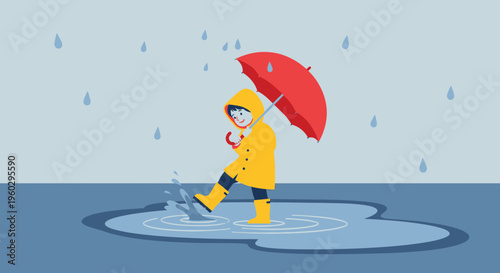 Joyful Child Splashing In Rain Puddles With Umbrella