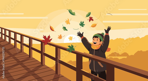 Joyful Child Tosses Autumn Leaves On A Scenic Bridge At Sunset