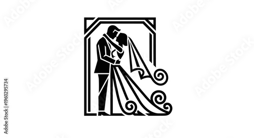 Elegant Silhouette of Bride and Groom Embracing Under Archway with Swirling Veil