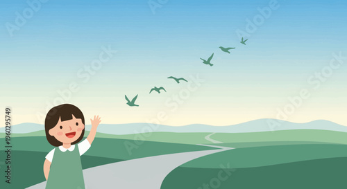 Joyful Child Waves To Birds Flying In A Serene Landscape Scene