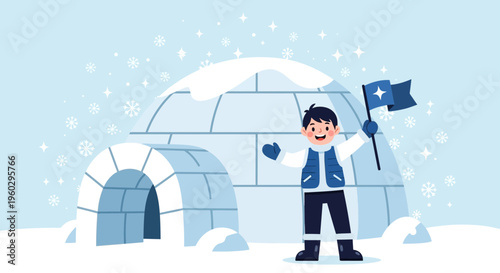 Joyful Child With Flag Celebrates Winter Adventure At Igloo