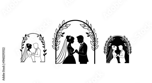 Wedding Couple Silhouette Set Under Archways with Floral Accents