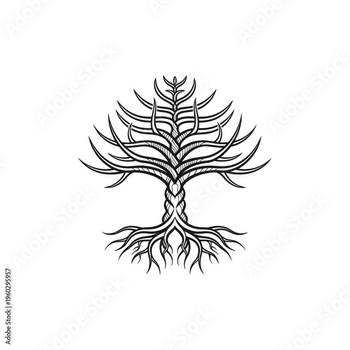 Stylized Tree of Life Sketch with Roots and Branches on White Background