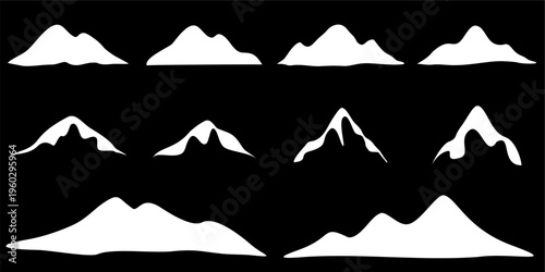 Set of silhouettes of mountain icons isolated on black background, vector