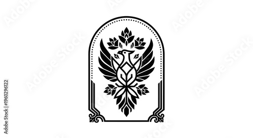 Phoenix emblem with ornate floral and geometric borders, black and white graphic design.