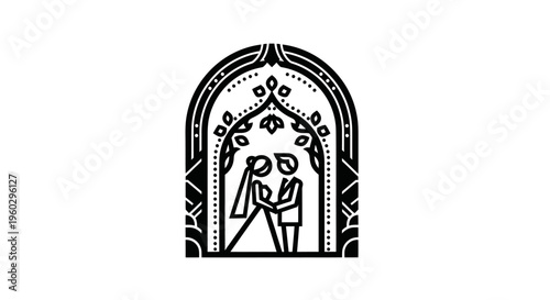 Stylized Wedding Icon: Couple Under Archway with Floral Elements