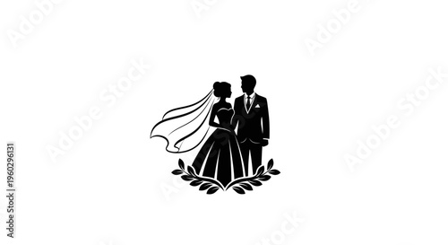Silhouette of Bride and Groom with Laurel Wreath, Wedding Icon