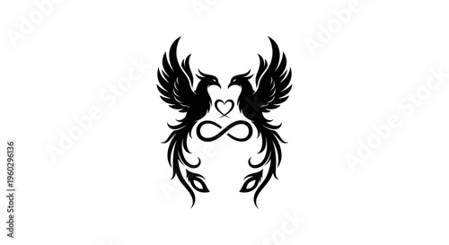 Tableau sur toile Elegant Black Phoenix Pair with Infinity Heart Symbol, Mythical Love Emblem
