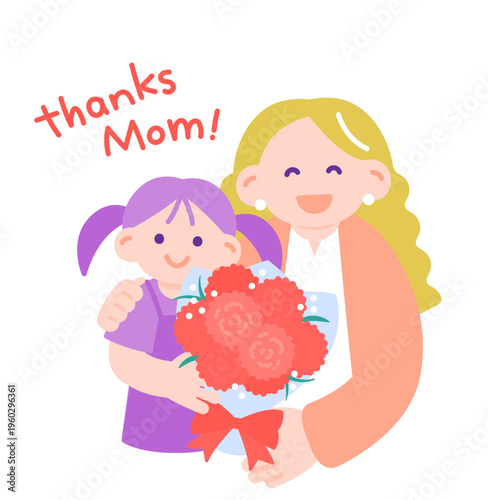 母の日のカーネーションの花束を母親に渡す女の子と抱きしめる母親