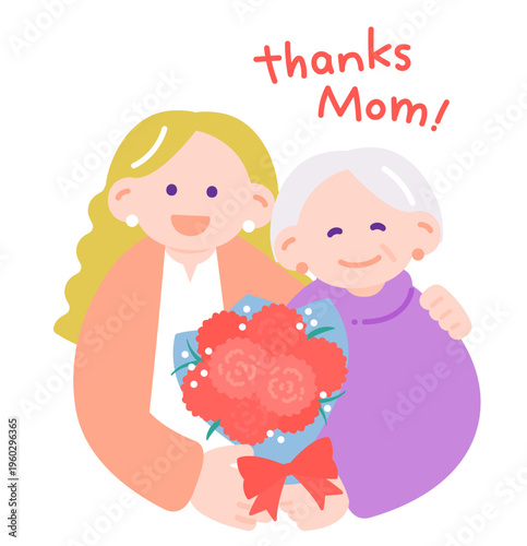 母の日のカーネーションの花束を母親に渡す大人の娘と高齢の母親