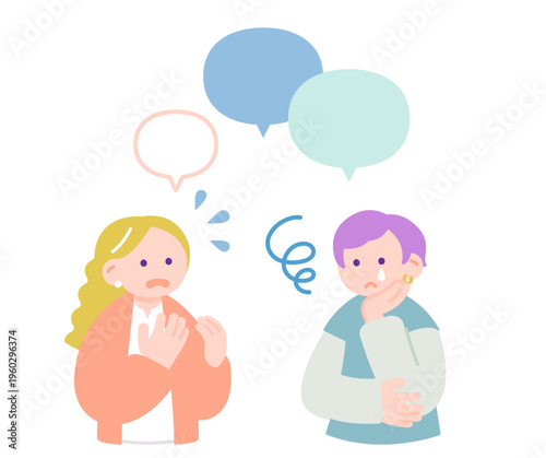 涙の相談　悩む女性と戸惑う聞き手　コミュニケーション