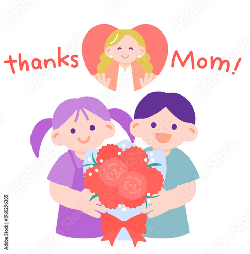 母の日のカーネーションの花束を母親に渡す子ども達と喜ぶ母親