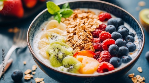 Healthy breakfast bowl with fruit and granola. generative ai