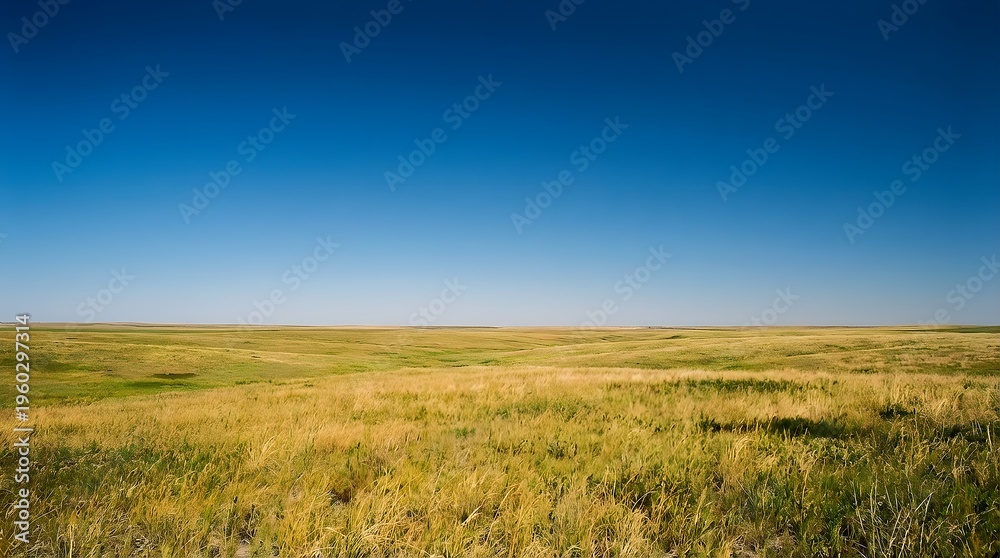 Fototapeta premium Expansive Golden Grass Field Under Bright Blue Sky In Rural Landscape