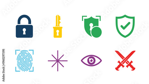 Digital Security, Privacy, and Protection Icon Set with Biometrics, Authentication, and Threat Symbols