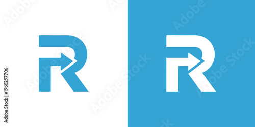 A modern, minimalist logo featuring the letter 'R' with an integrated arrow, presented in two color variations against white and blue backgrounds.