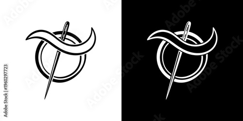 A minimalist black and white logo featuring a needle and thread forming a stylized circle with a curved ribbon.