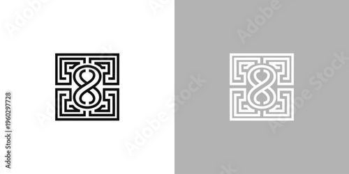 A stylized infinity symbol or the number 8 enclosed within a geometric maze-like square border, presented in both black on white and white on gray.