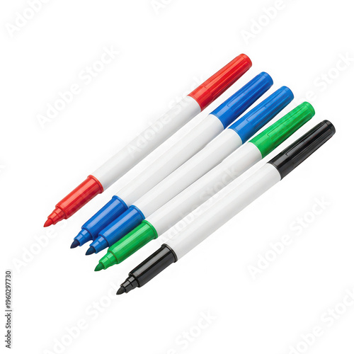 Assorted colored markers with white bodies and vibrant caps laid out horizontally.