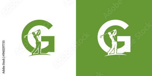 A green letter G logo with a silhouette of a golfer mid-swing, presented on both white and green backgrounds.