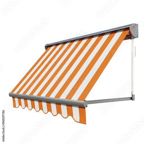Modern striped awning attached to a white building facade for outdoor shade