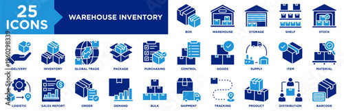 Warehouse Inventory Icon Set Collection. Icon Pack Contain Warehouse, Inventory, Stock, Supply, Storage, Shelf, Box, Package, Item, Control
