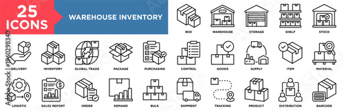 Warehouse Inventory Icon Set Collection. Icon Pack Contain Warehouse, Inventory, Stock, Supply, Storage, Shelf, Box, Package, Item, Control