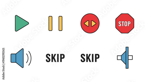 Colorful Media Player UI Controls Icon Set: Play, Pause, Stop, Volume, Skip Buttons in Flat Design