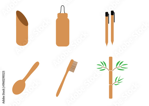 Sustainable Bamboo Lifestyle Icon Set, Eco-Friendly Products and Zero Waste Vector Elements