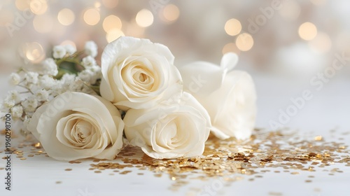 Elegant White Roses with Golden Confetti and Soft Bokeh Lights.