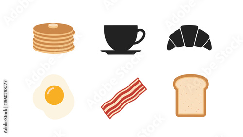 Breakfast Essentials Icons: Pancakes, Coffee, Croissant, Fried Egg, Bacon, and Bread. Flat Design Vector Food Set.