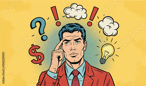 Pop art thinking illustration, person in red suit, contemplation problem solving concept, decision making design, retro comic artwork, flat vector illustration