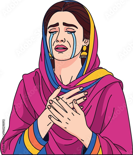 Woman crying with pain and sorrow her hands on chest draped in colorful shawl