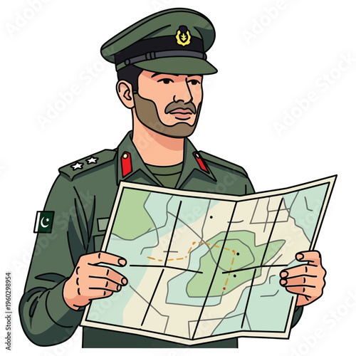 Pakistani military officer holding map and looking concerned during wartime strategy