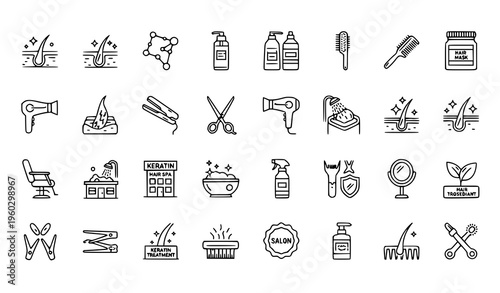 Keratin Hair Treatment Pixel Perfect Thin Line Vector Icons Set for Beauty Salon and Hair Care