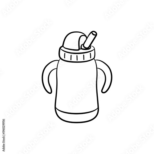 Cute Baby Sippy Cup with Straw and Handles Line Art Illustration