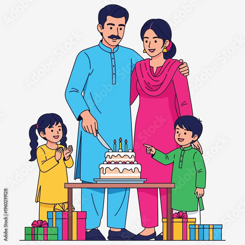 Happy pakistani family celebrating birthday with cake and gifts