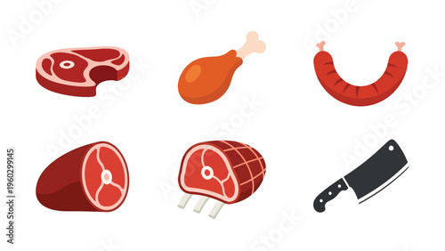 Butchery Meat Cuts & Tools Flat Vector Icons. Steak, Chicken, Sausage, Ham, Ribs, Cleaver for Food & Restaurant Design