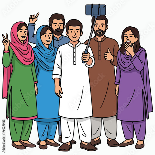 Group of young friends taking selfie together in traditional attire