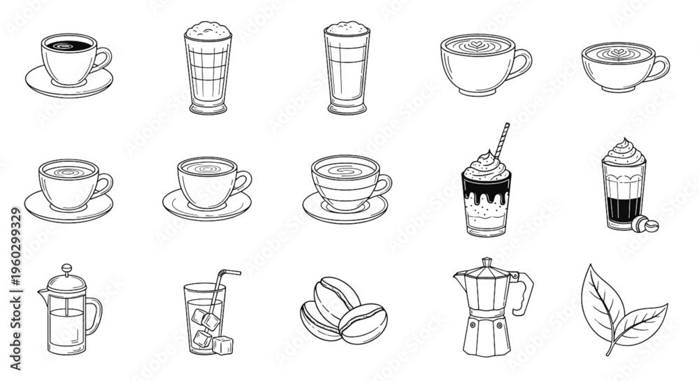 Obraz premium Coffee outline icons set cups latte cappuccino beans moka pot line art collection