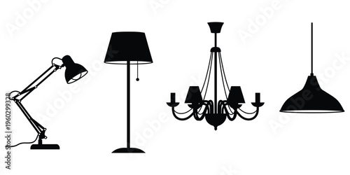 Lighting fixture silhouette illustration, desk lamp floor lamp chandelier pendant light, interior design decor concept, home lighting artwork, flat vector illustration