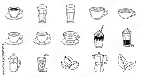 Coffee outline icons set cups latte cappuccino beans moka pot line art collection