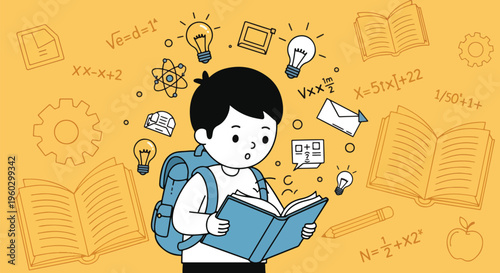 Cute boy with backpack reading book surrounded by educational symbols, lightbulbs and math equations