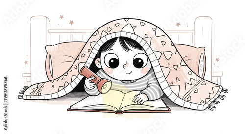 Cute little girl reading a book under a blanket with a flashlight, telling stories in bed at night