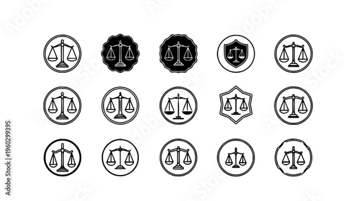Attorney justice scales icon vector set with legal balance symbols and law logo collection