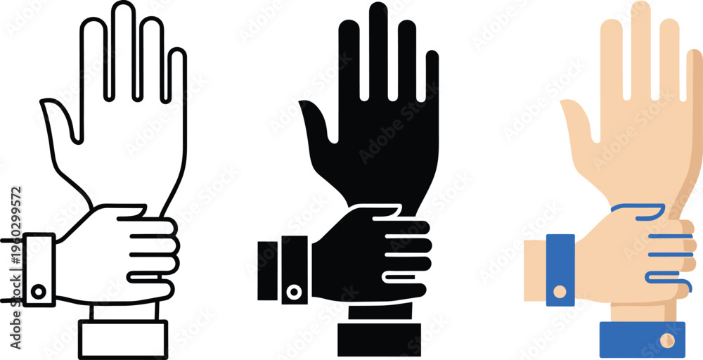 Obraz premium Hand, holding, wrist, icon, set, representing, help, support, assistance, rescue, restraint, safety, arrest, control, stop, partnership, together, human, vector, illustration.